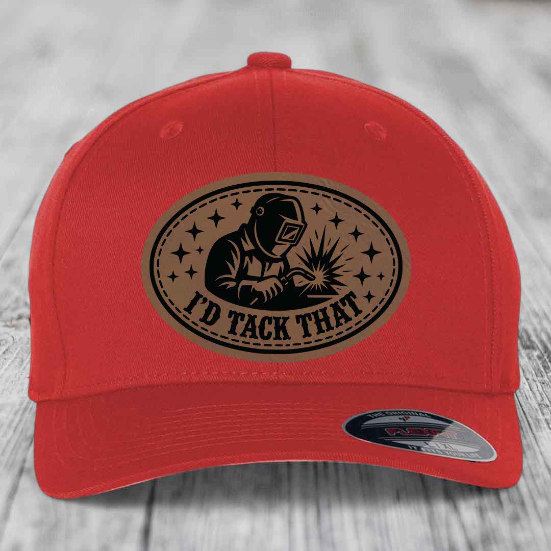 Id Tack That - Leather Patch Hat - Dark Brown to Black Patch - Flexfit 6277 Fitted Hat