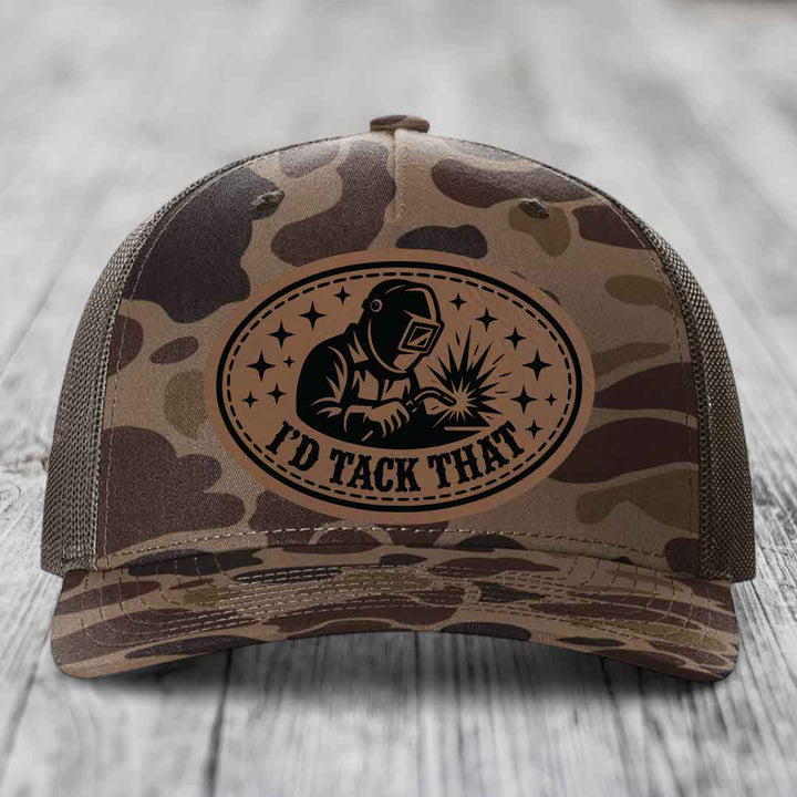 Id Tack That - Leather Patch Hat - Dark Brown to Black Patch - Richardson 112PFP Snapback Trucker Hat