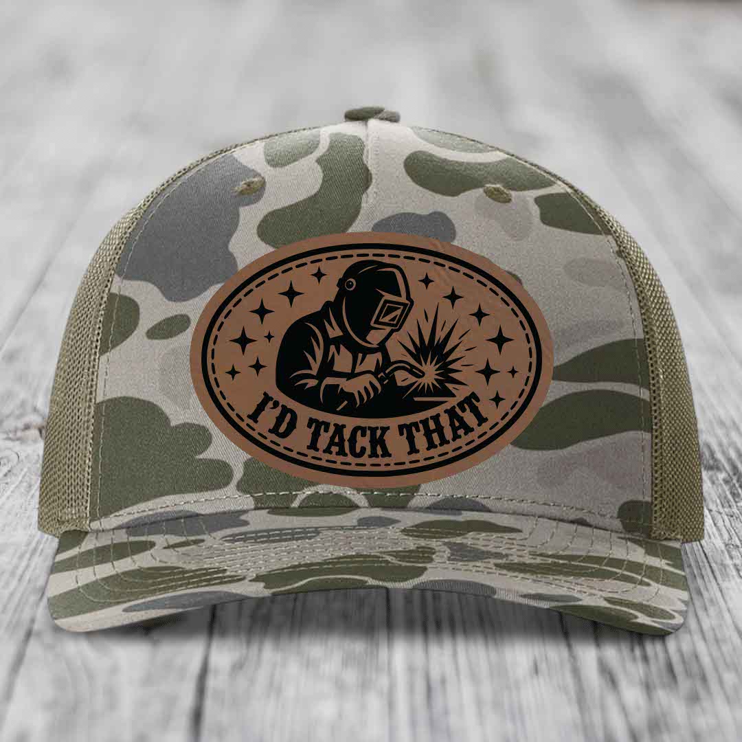 Id Tack That - Leather Patch Hat - Dark Brown to Black Patch - Richardson 112PFP Snapback Trucker Hat