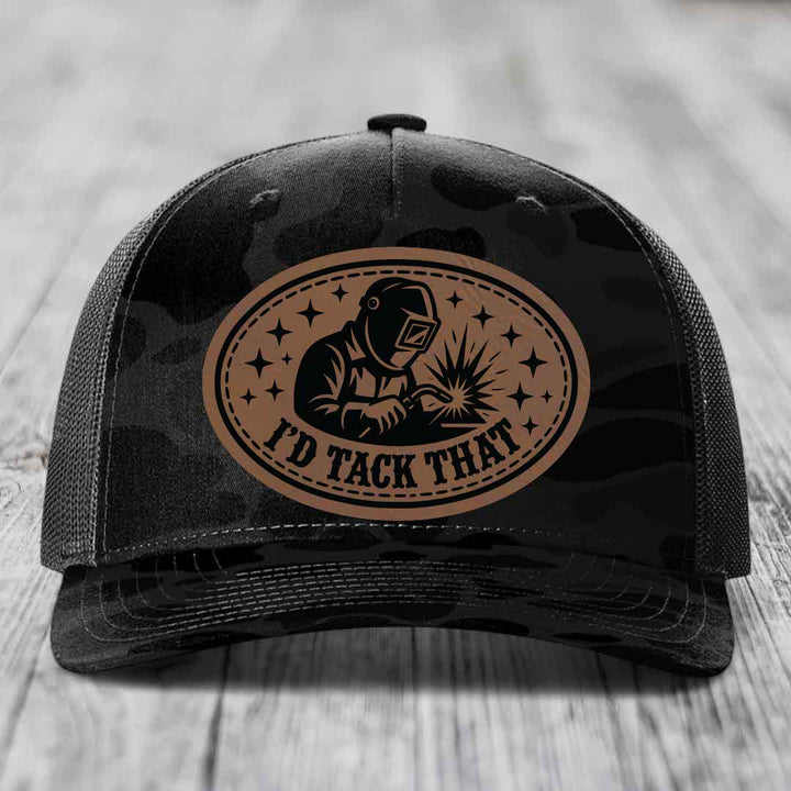 Id Tack That - Leather Patch Hat - Dark Brown to Black Patch - Richardson 112PFP Snapback Trucker Hat