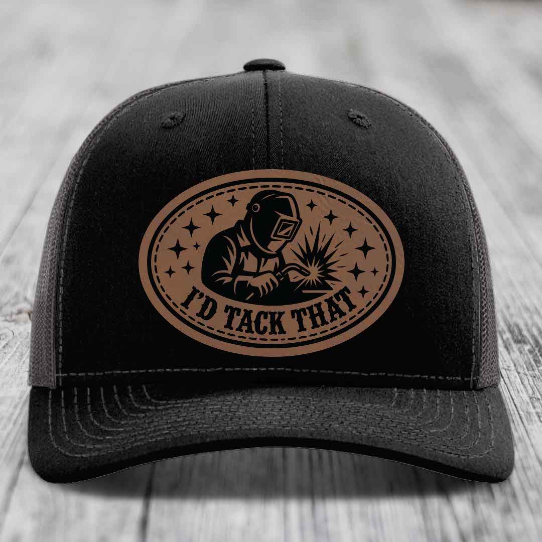 Id Tack That - Leather Patch Hat - Dark Brown to Black Patch - Richardson 112 Snapback Trucker Hat