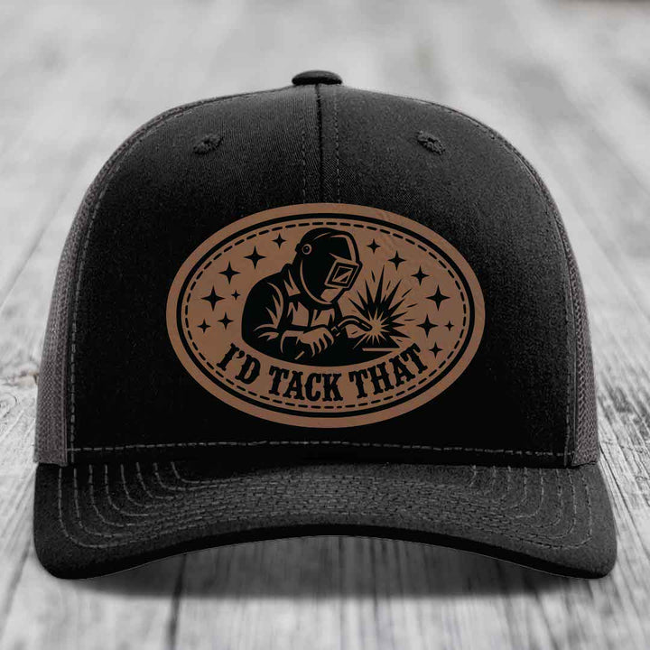 Id Tack That - Leather Patch Hat - Dark Brown to Black Patch - Richardson 112 Snapback Trucker Hat
