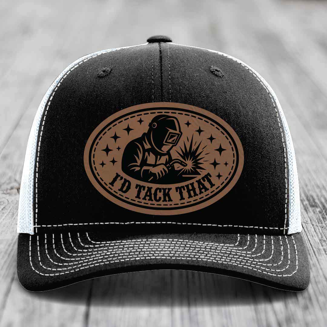 Id Tack That - Leather Patch Hat - Dark Brown to Black Patch - Richardson 112 Snapback Trucker Hat