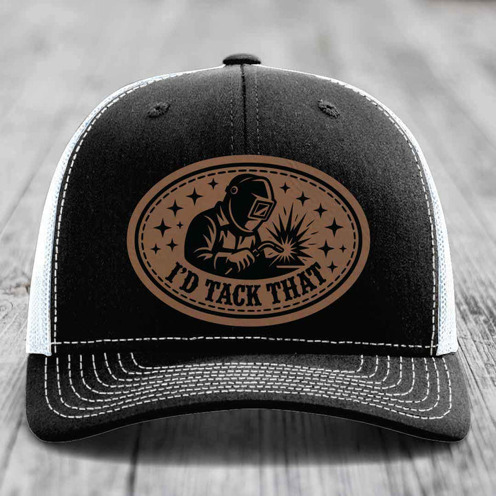 Id Tack That - Leather Patch Hat - Dark Brown to Black Patch - Richardson 112 Snapback Trucker Hat