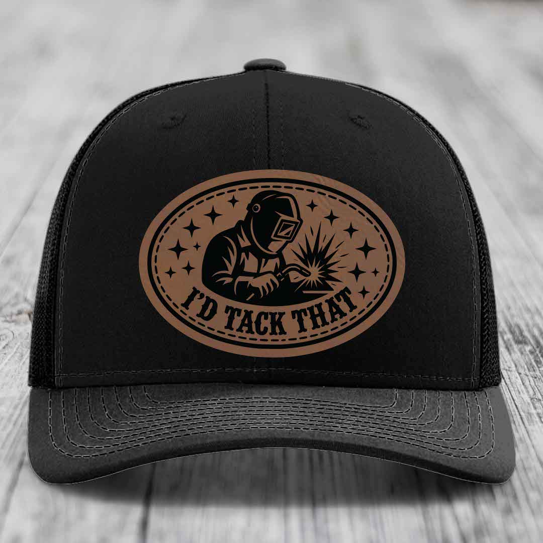 Id Tack That - Leather Patch Hat - Dark Brown to Black Patch - Richardson 112 Snapback Trucker Hat