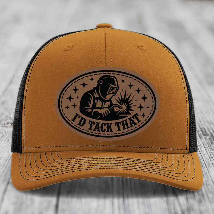 Id Tack That - Leather Patch Hat - Dark Brown to Black Patch - Richardson 112 Snapback Trucker Hat
