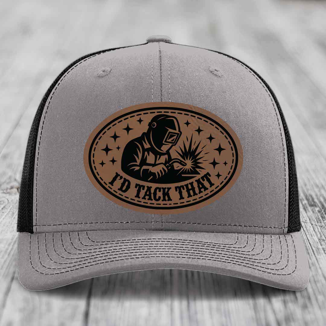 Id Tack That - Leather Patch Hat - Dark Brown to Black Patch - Richardson 112 Snapback Trucker Hat