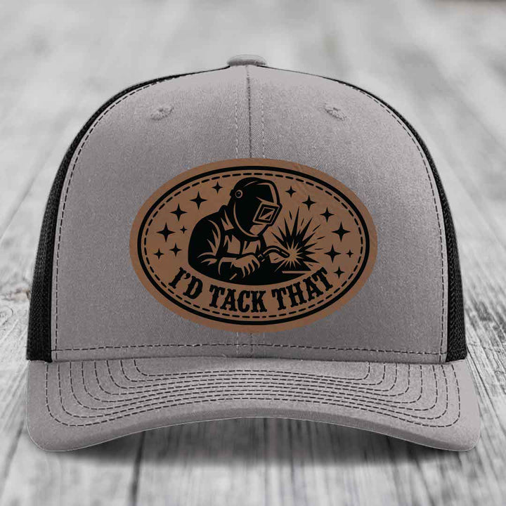 Id Tack That - Leather Patch Hat - Dark Brown to Black Patch - Richardson 112 Snapback Trucker Hat