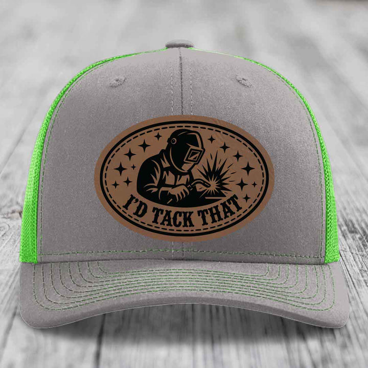 Id Tack That - Leather Patch Hat - Dark Brown to Black Patch - Richardson 112 Snapback Trucker Hat