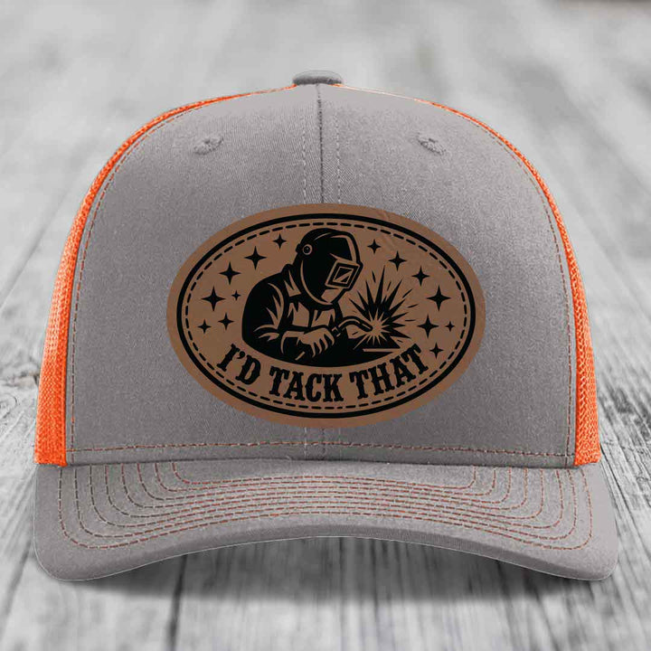 Id Tack That - Leather Patch Hat - Dark Brown to Black Patch - Richardson 112 Snapback Trucker Hat