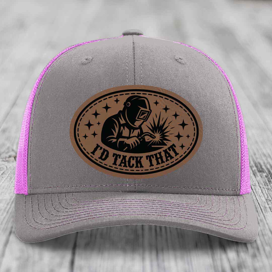 Id Tack That - Leather Patch Hat - Dark Brown to Black Patch - Richardson 112 Snapback Trucker Hat