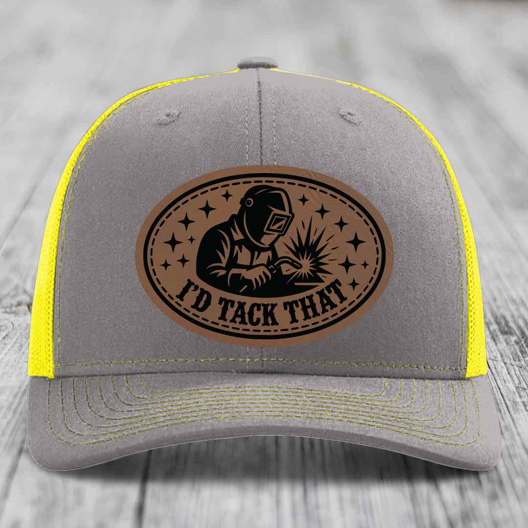 Id Tack That - Leather Patch Hat - Dark Brown to Black Patch - Richardson 112 Snapback Trucker Hat