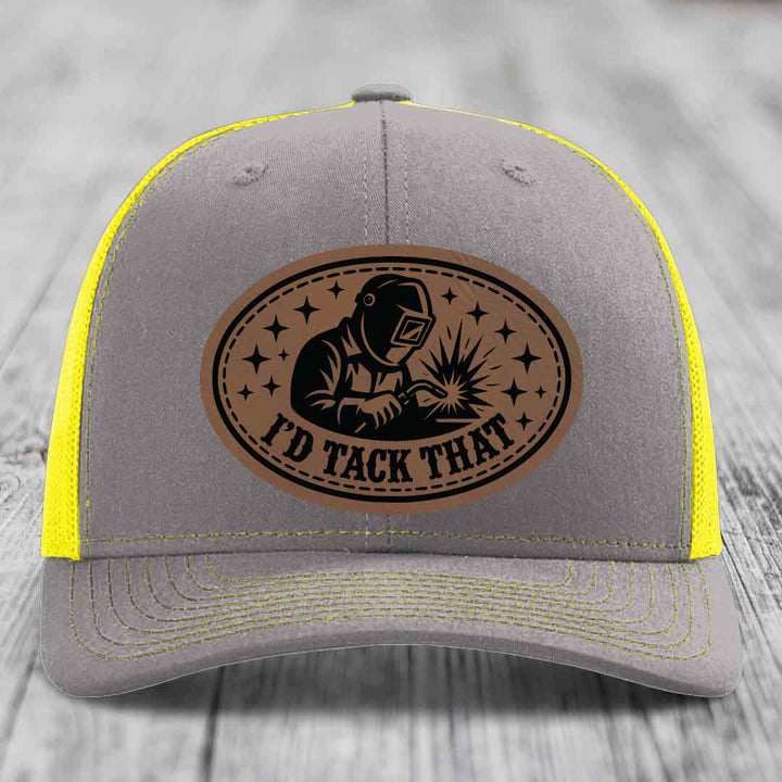 Id Tack That - Leather Patch Hat - Dark Brown to Black Patch - Richardson 112 Snapback Trucker Hat