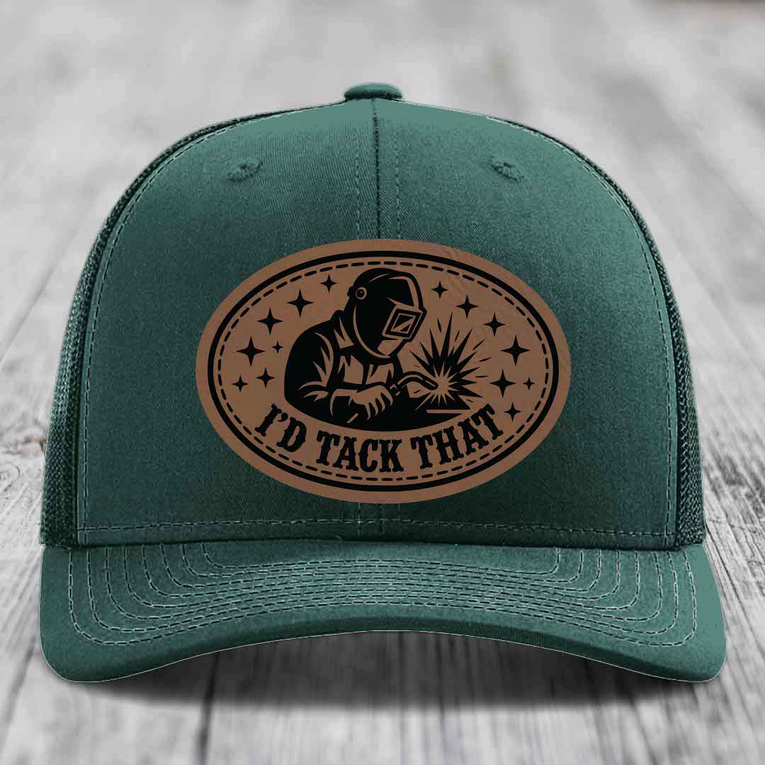 Id Tack That - Leather Patch Hat - Dark Brown to Black Patch - Richardson 112 Snapback Trucker Hat