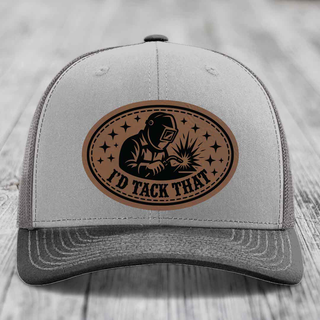 Id Tack That - Leather Patch Hat - Dark Brown to Black Patch - Richardson 112 Snapback Trucker Hat
