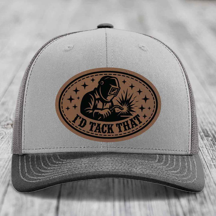 Id Tack That - Leather Patch Hat - Dark Brown to Black Patch - Richardson 112 Snapback Trucker Hat