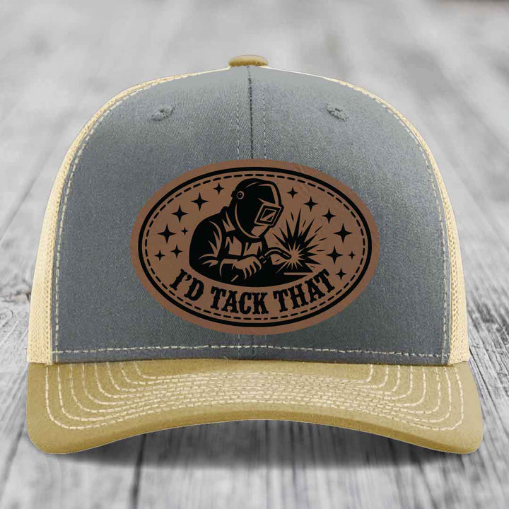 Id Tack That - Leather Patch Hat - Dark Brown to Black Patch - Richardson 112 Snapback Trucker Hat