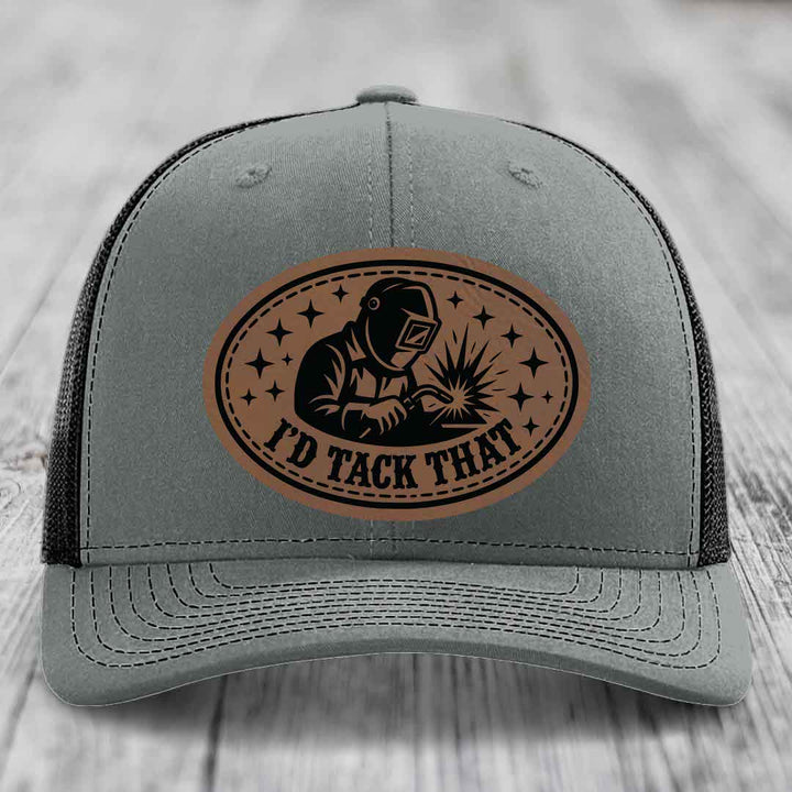 Id Tack That - Leather Patch Hat - Dark Brown to Black Patch - Richardson 112 Snapback Trucker Hat
