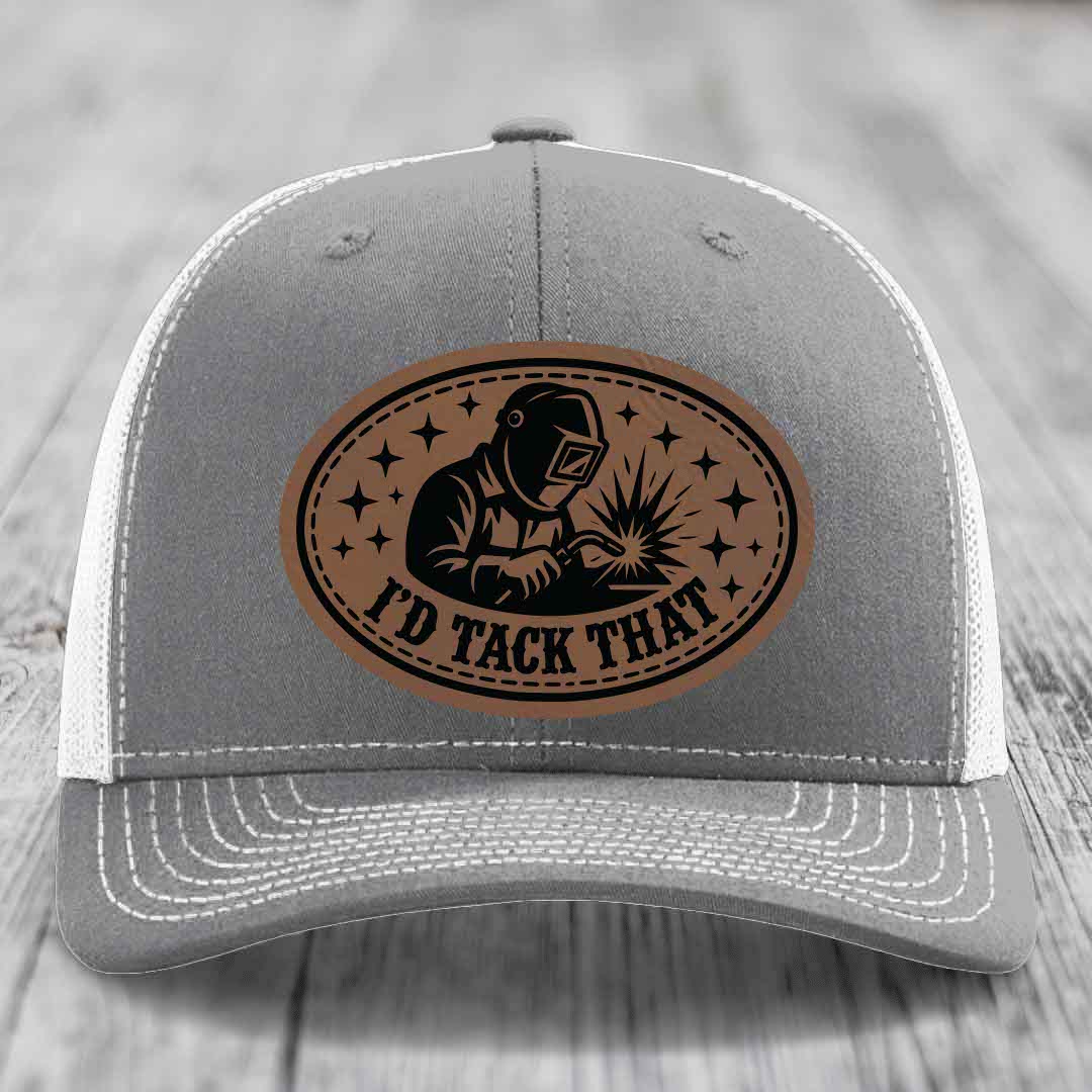 Id Tack That - Leather Patch Hat - Dark Brown to Black Patch - Richardson 112 Snapback Trucker Hat