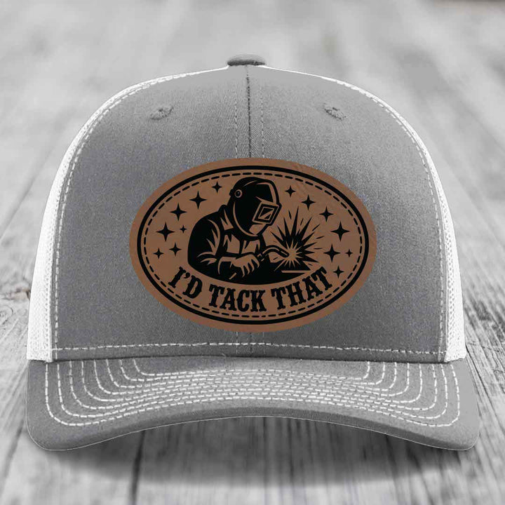 Id Tack That - Leather Patch Hat - Dark Brown to Black Patch - Richardson 112 Snapback Trucker Hat
