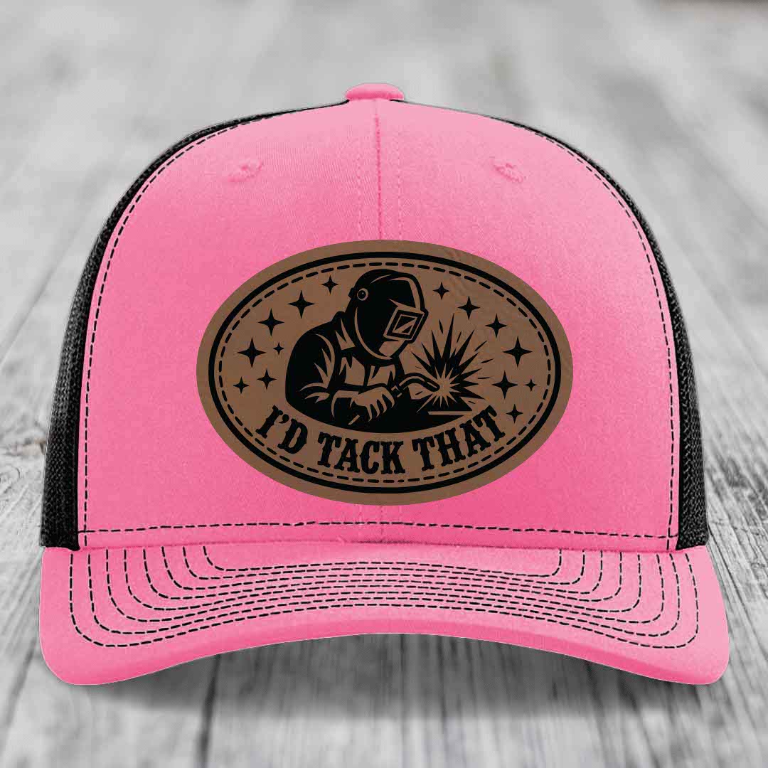 Id Tack That - Leather Patch Hat - Dark Brown to Black Patch - Richardson 112 Snapback Trucker Hat