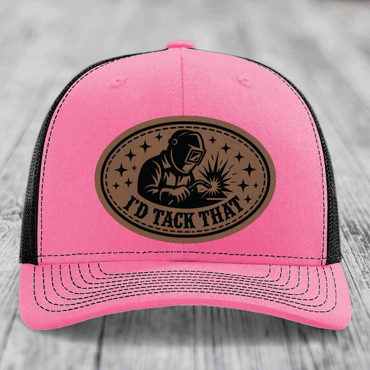 Id Tack That - Leather Patch Hat - Dark Brown to Black Patch - Richardson 112 Snapback Trucker Hat