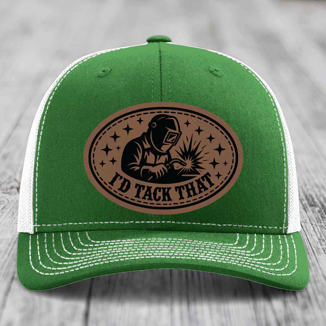 Id Tack That - Leather Patch Hat - Dark Brown to Black Patch - Richardson 112 Snapback Trucker Hat