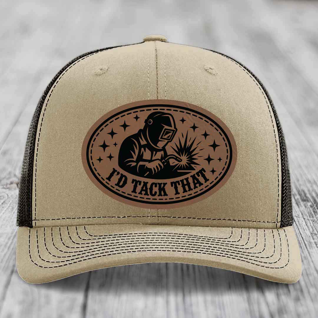 Id Tack That - Leather Patch Hat - Dark Brown to Black Patch - Richardson 112 Snapback Trucker Hat