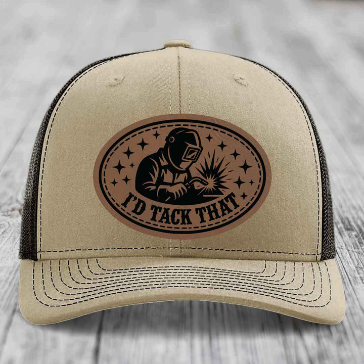 Id Tack That - Leather Patch Hat - Dark Brown to Black Patch - Richardson 112 Snapback Trucker Hat