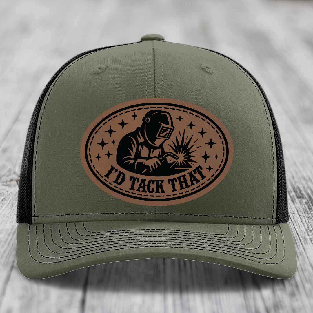 Id Tack That - Leather Patch Hat - Dark Brown to Black Patch - Richardson 112 Snapback Trucker Hat