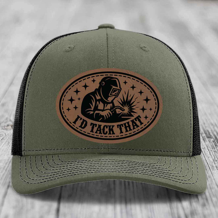 Id Tack That - Leather Patch Hat - Dark Brown to Black Patch - Richardson 112 Snapback Trucker Hat