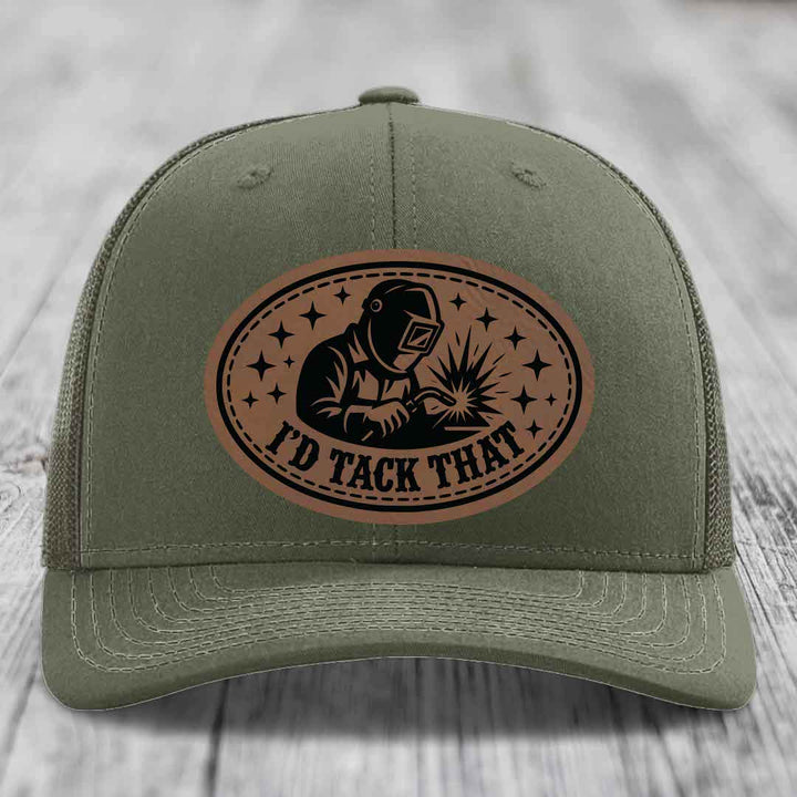 Id Tack That - Leather Patch Hat - Dark Brown to Black Patch - Richardson 112 Snapback Trucker Hat