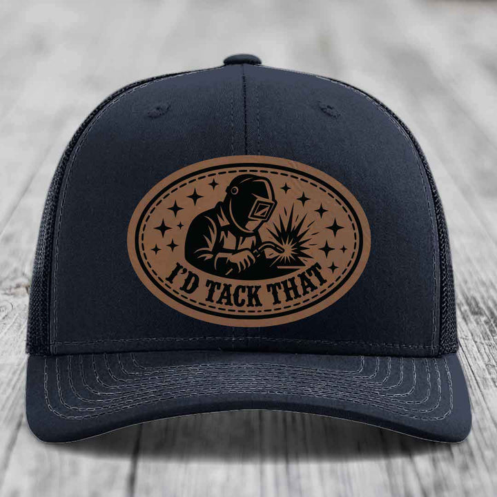 Id Tack That - Leather Patch Hat - Dark Brown to Black Patch - Richardson 112 Snapback Trucker Hat