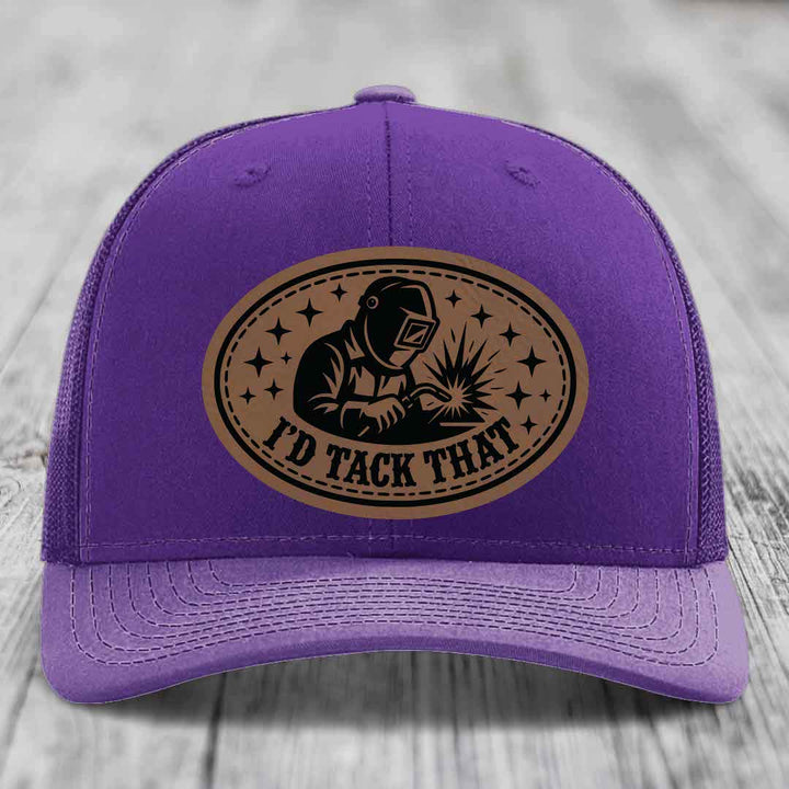 Id Tack That - Leather Patch Hat - Dark Brown to Black Patch - Richardson 112 Snapback Trucker Hat