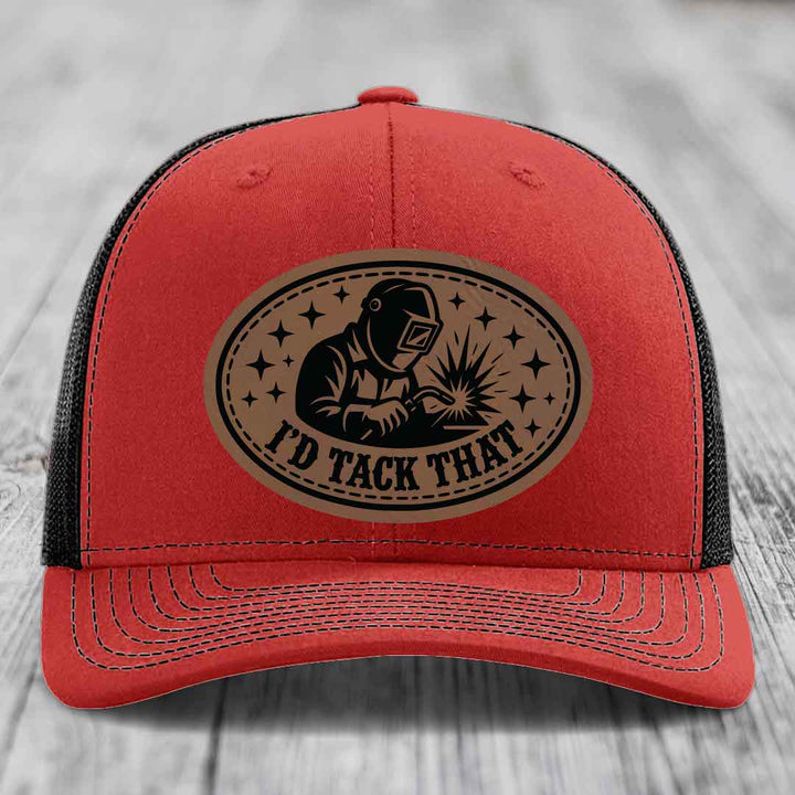 Id Tack That - Leather Patch Hat - Dark Brown to Black Patch - Richardson 112 Snapback Trucker Hat