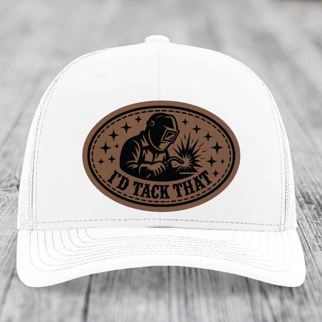Id Tack That - Leather Patch Hat - Dark Brown to Black Patch - Richardson 112 Snapback Trucker Hat