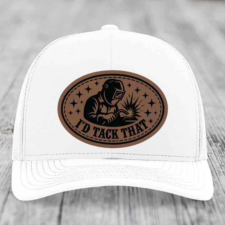Id Tack That - Leather Patch Hat - Dark Brown to Black Patch - Richardson 112 Snapback Trucker Hat