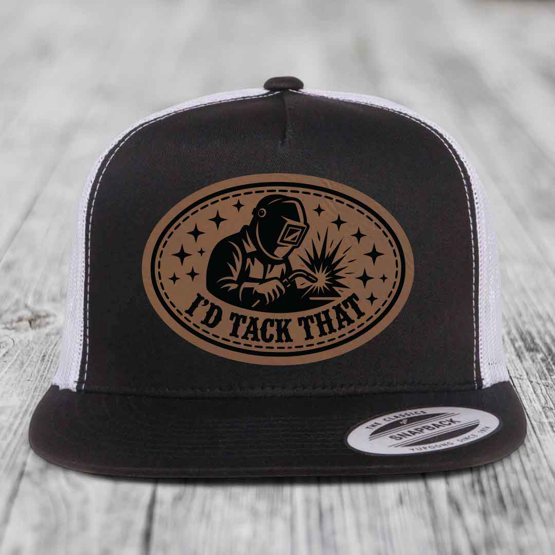 Id Tack That - Leather Patch Hat - Dark Brown to Black Patch - Yupoong 6006 Snapback Flatbill Hat