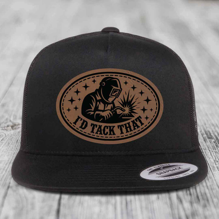 Id Tack That - Leather Patch Hat - Dark Brown to Black Patch - Yupoong 6006 Snapback Flatbill Hat