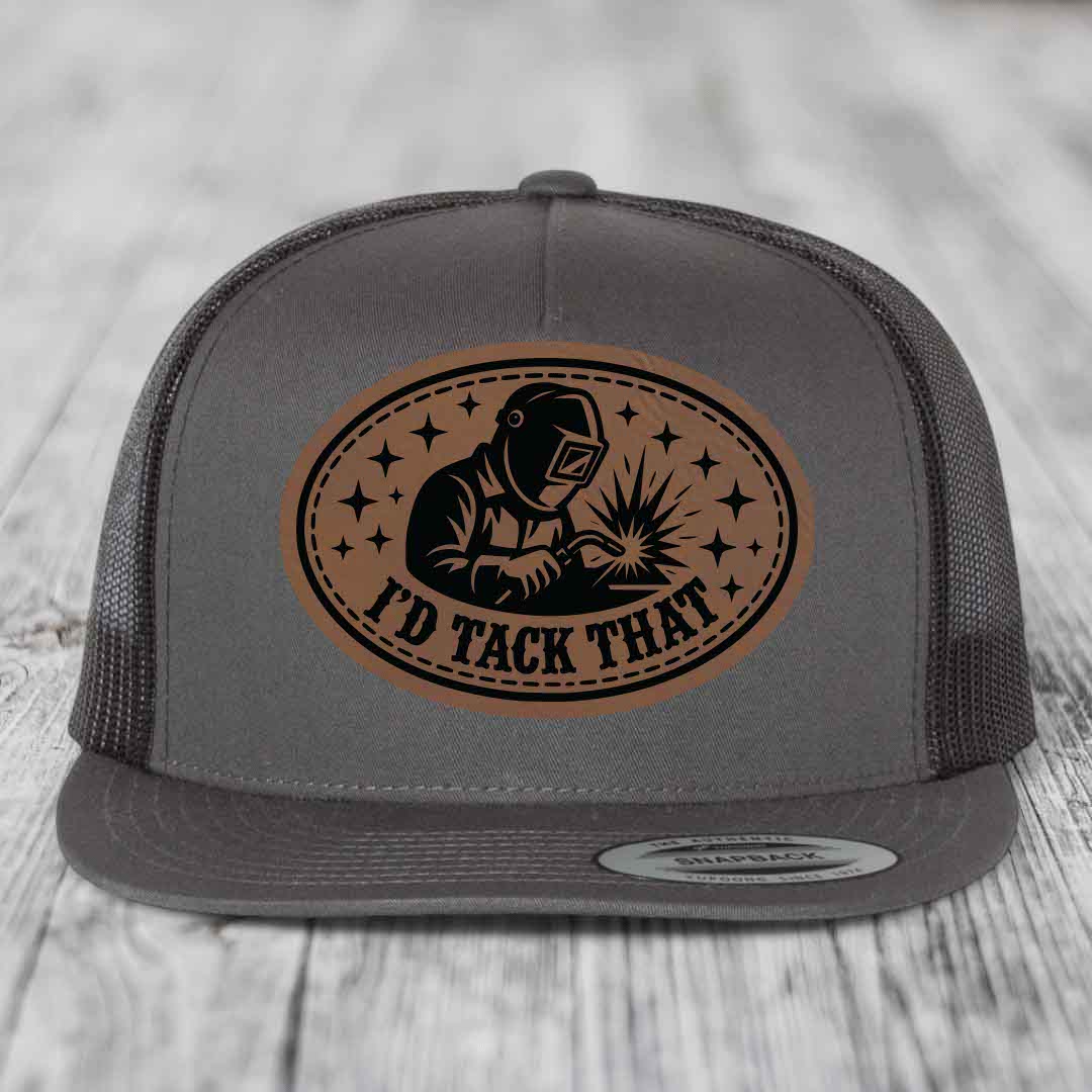 Id Tack That - Leather Patch Hat - Dark Brown to Black Patch - Yupoong 6006 Snapback Flatbill Hat
