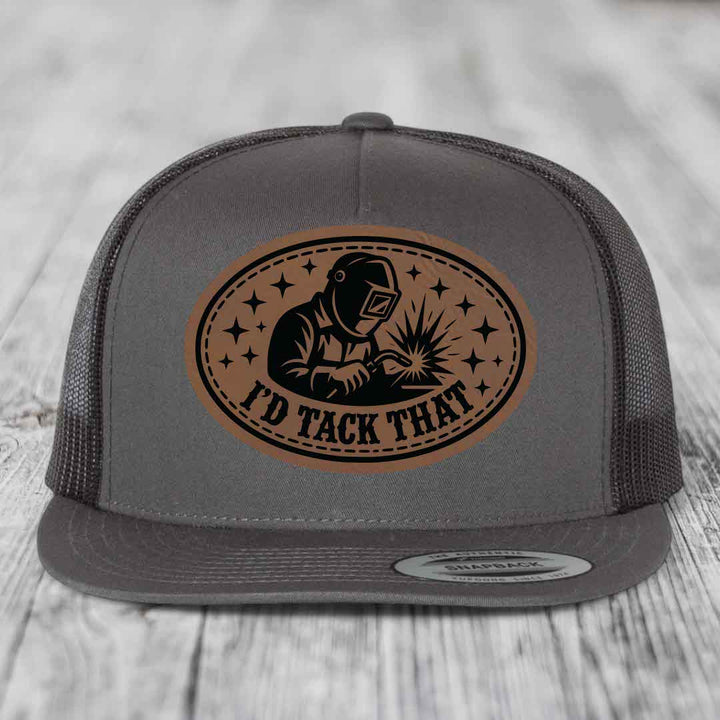 Id Tack That - Leather Patch Hat - Dark Brown to Black Patch - Yupoong 6006 Snapback Flatbill Hat