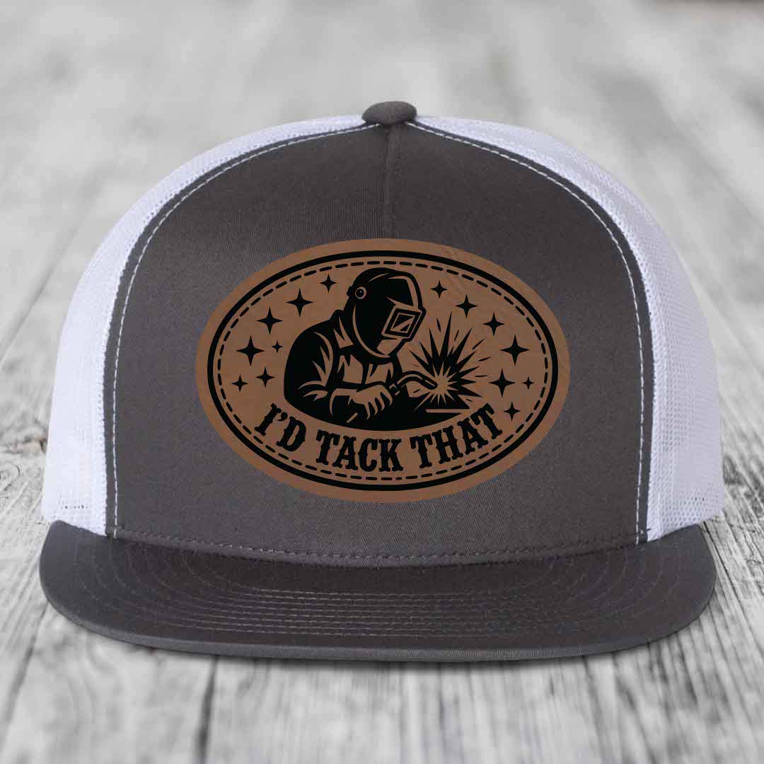 Id Tack That - Leather Patch Hat - Dark Brown to Black Patch - Yupoong 6006 Snapback Flatbill Hat