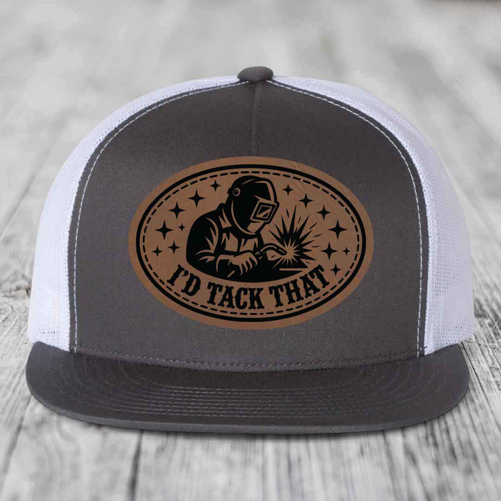 Id Tack That - Leather Patch Hat - Dark Brown to Black Patch - Yupoong 6006 Snapback Flatbill Hat