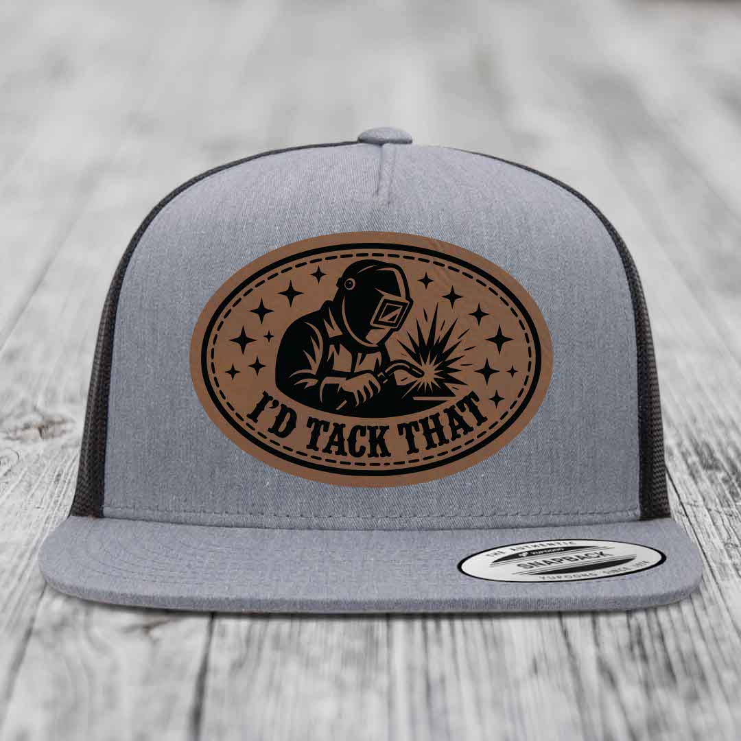 Id Tack That - Leather Patch Hat - Dark Brown to Black Patch - Yupoong 6006 Snapback Flatbill Hat