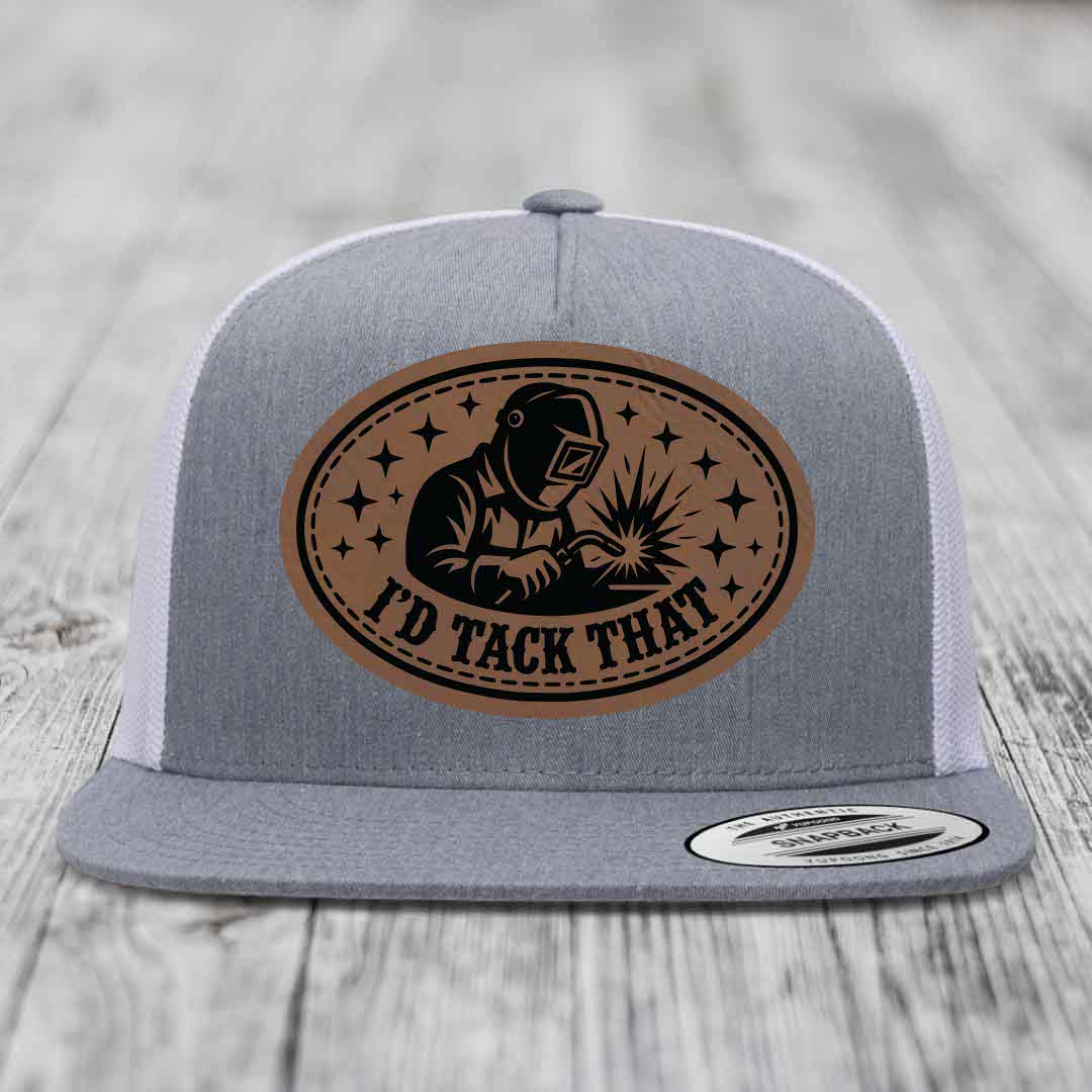 Id Tack That - Leather Patch Hat - Dark Brown to Black Patch - Yupoong 6006 Snapback Flatbill Hat