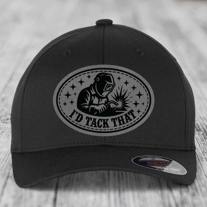 Id Tack That - Leather Patch Hat - Grey to Black Patch - Flexfit 6277 Fitted Hat