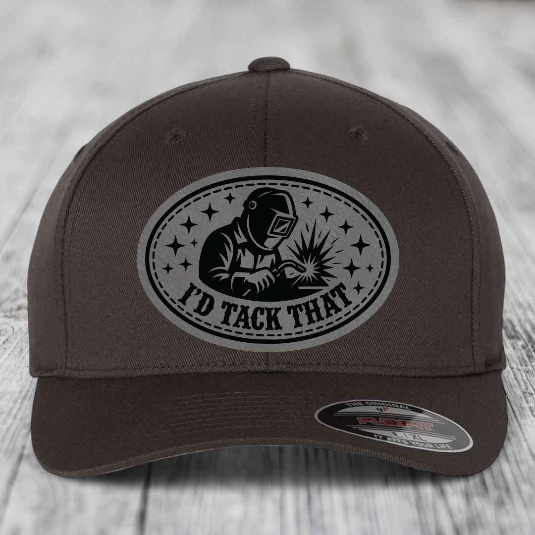 Id Tack That - Leather Patch Hat - Grey to Black Patch - Flexfit 6277 Fitted Hat