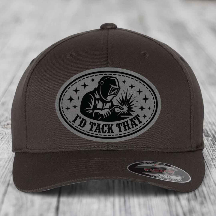 Id Tack That - Leather Patch Hat - Grey to Black Patch - Flexfit 6277 Fitted Hat