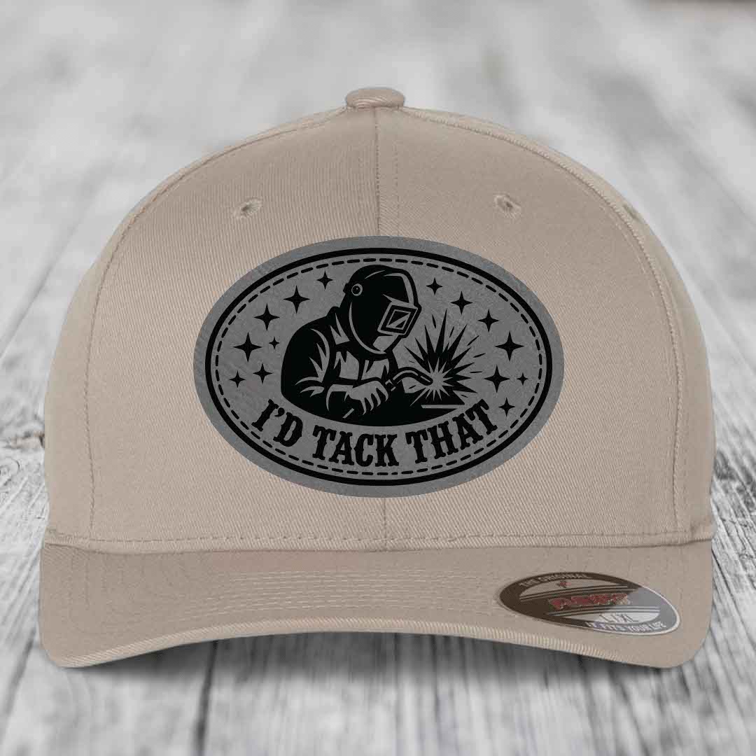 Id Tack That - Leather Patch Hat - Grey to Black Patch - Flexfit 6277 Fitted Hat