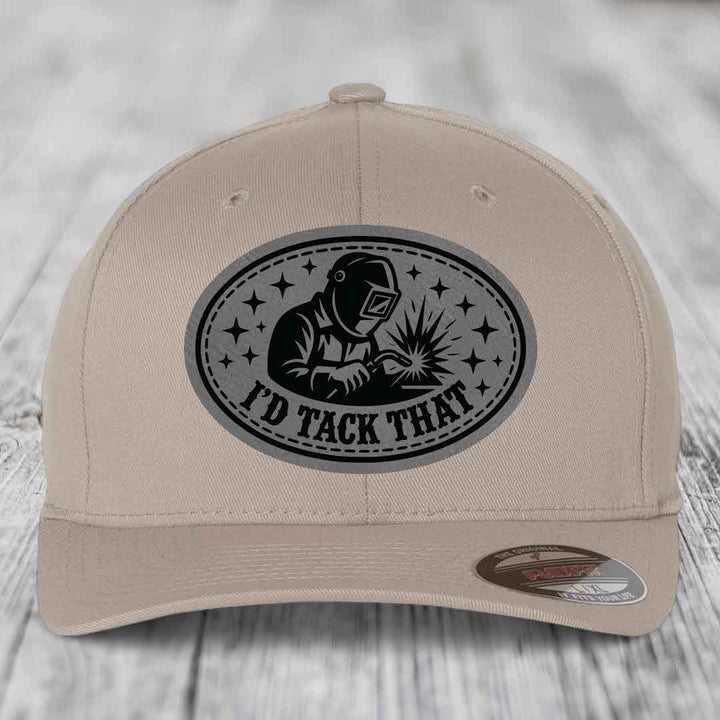 Id Tack That - Leather Patch Hat - Grey to Black Patch - Flexfit 6277 Fitted Hat